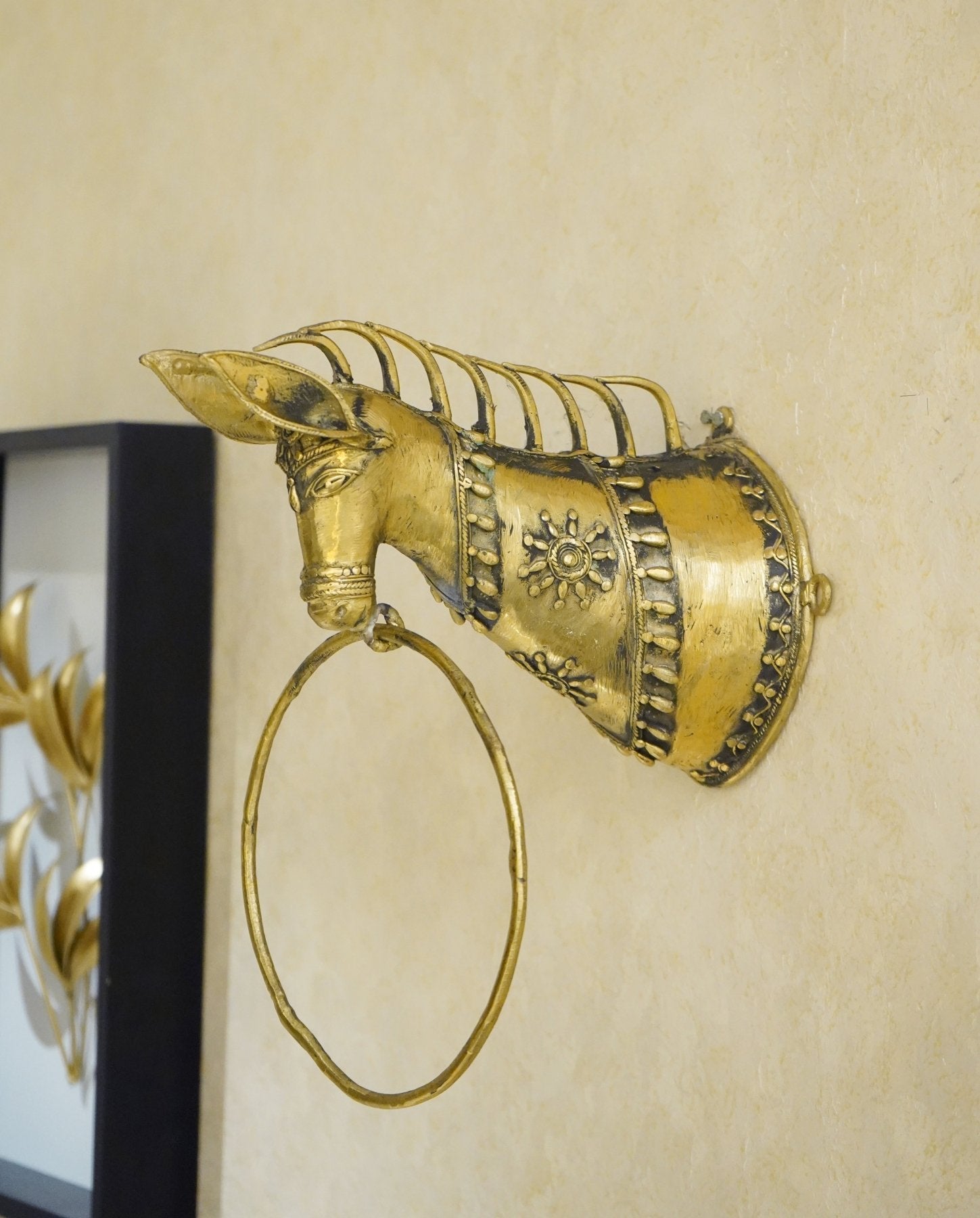 Dhokra Brass Horse Head Towel Ring Holder - Marble Lotus - Dhokra Brass Horse Head Towel Ring Holder