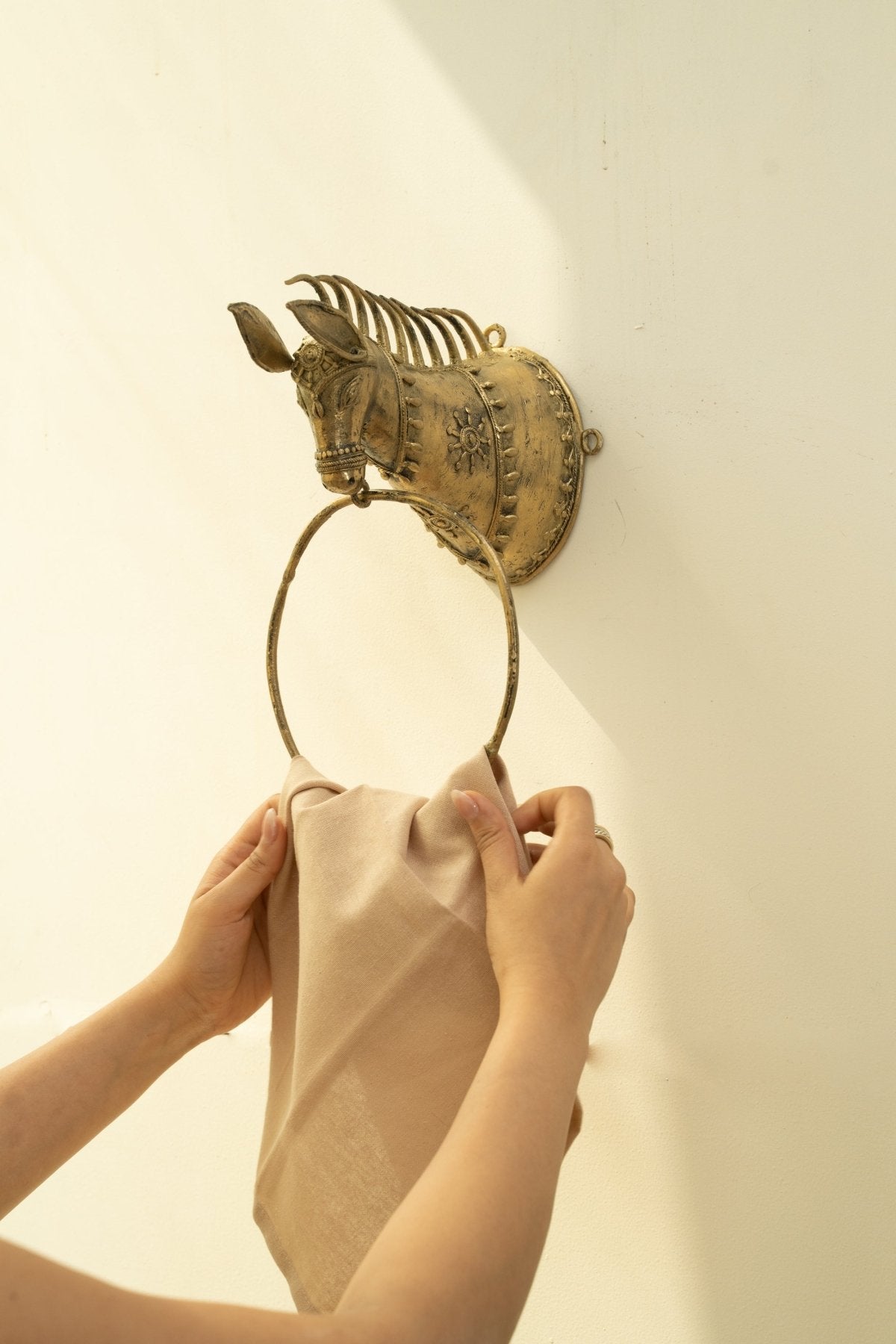 Dhokra Brass Horse Head Towel Ring Holder - Marble Lotus - Dhokra Brass Horse Head Towel Ring Holder