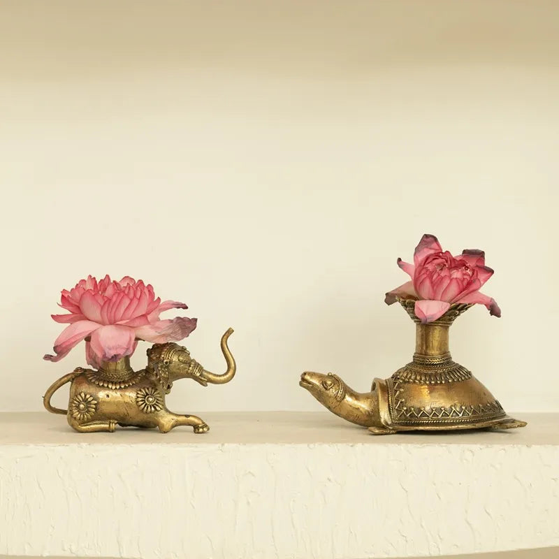 Dhokra Brass Turtle Flower Vase - Marble Lotus - Dhokra Brass Turtle Flower Vase