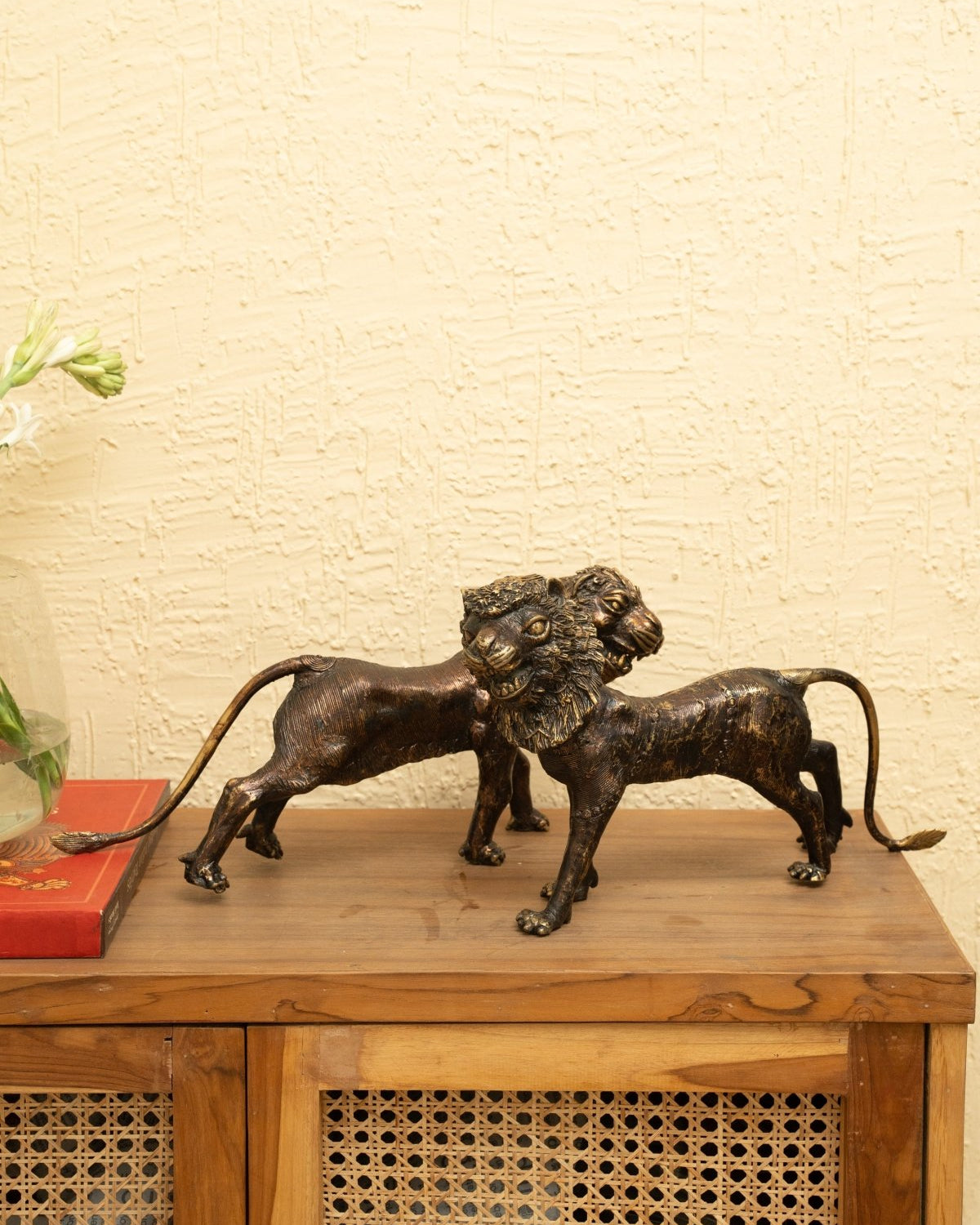 Dhokra Lion Pair Brass Statue - Marble Lotus - Dhokra Lion Pair Brass Statue