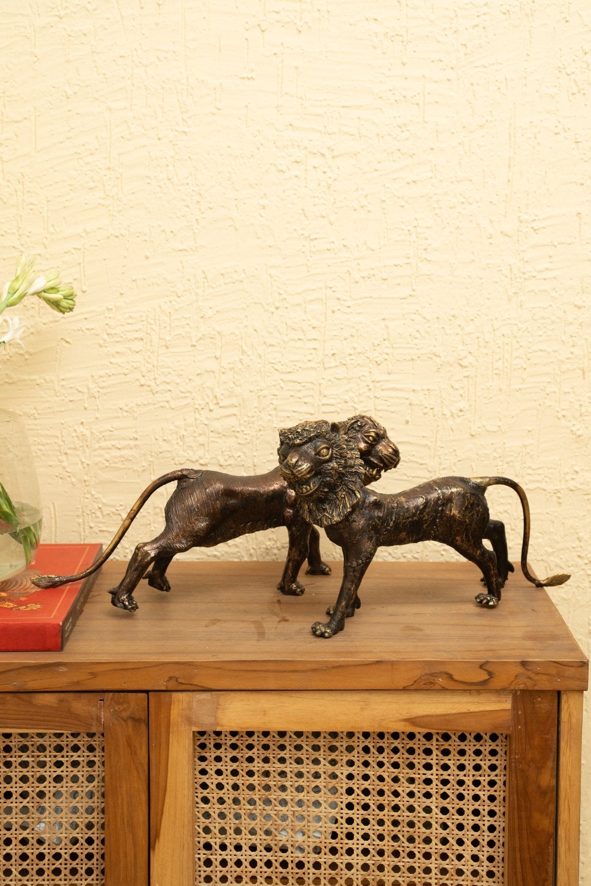 Dhokra Lion Pair Brass Statue - Marble Lotus - Dhokra Lion Pair Brass Statue