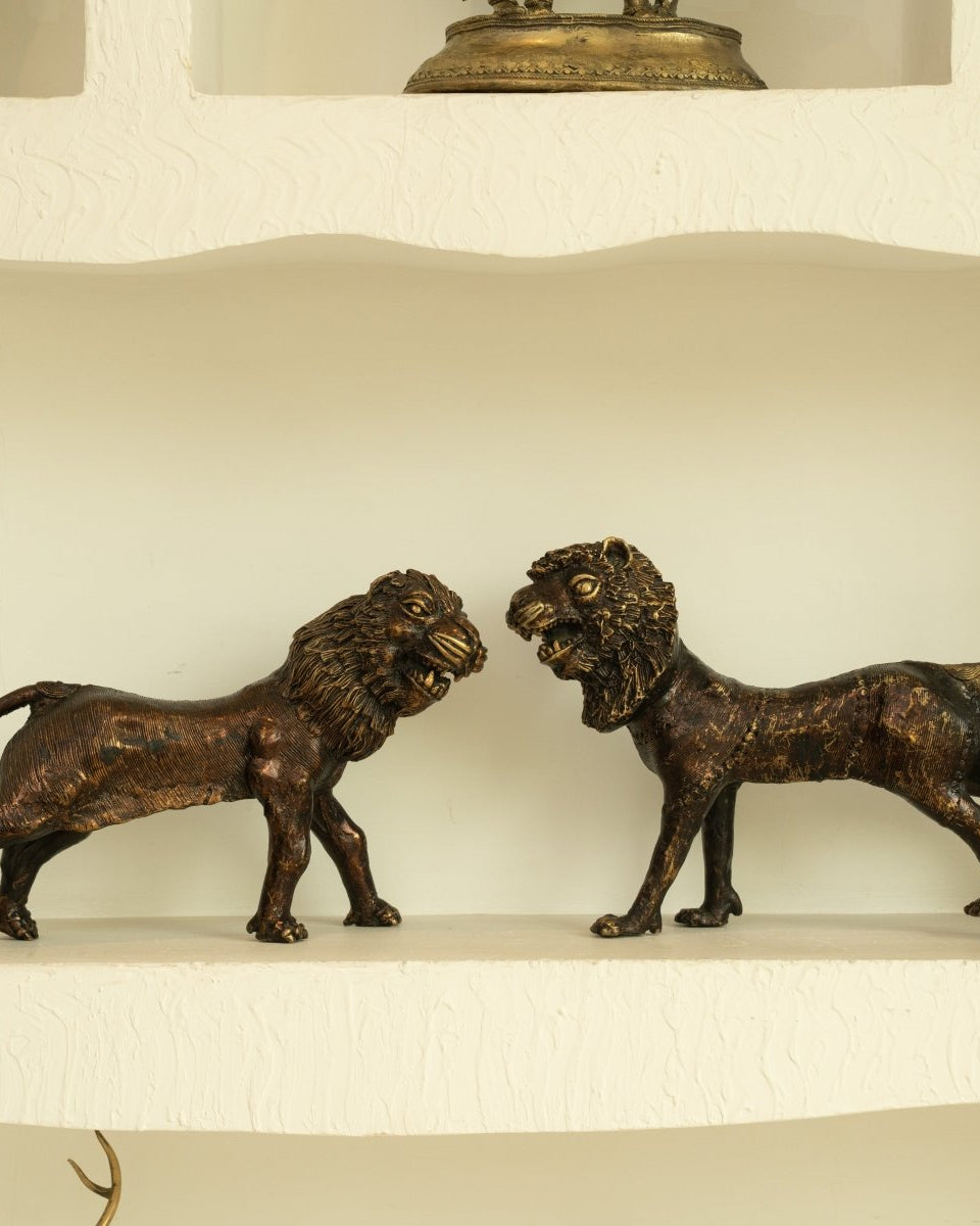 Dhokra Lion Pair Brass Statue - Marble Lotus - Dhokra Lion Pair Brass Statue