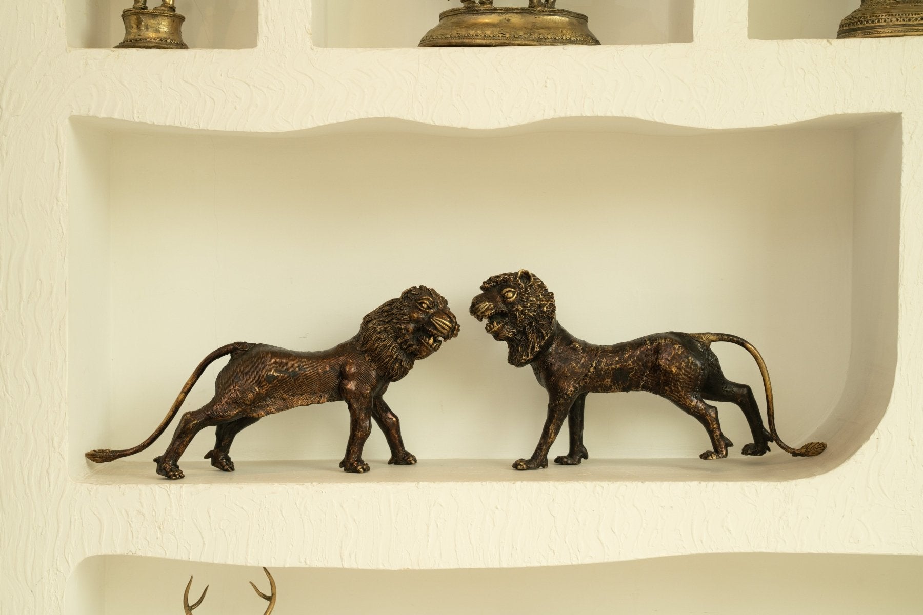 Dhokra Lion Pair Brass Statue - Marble Lotus - Dhokra Lion Pair Brass Statue