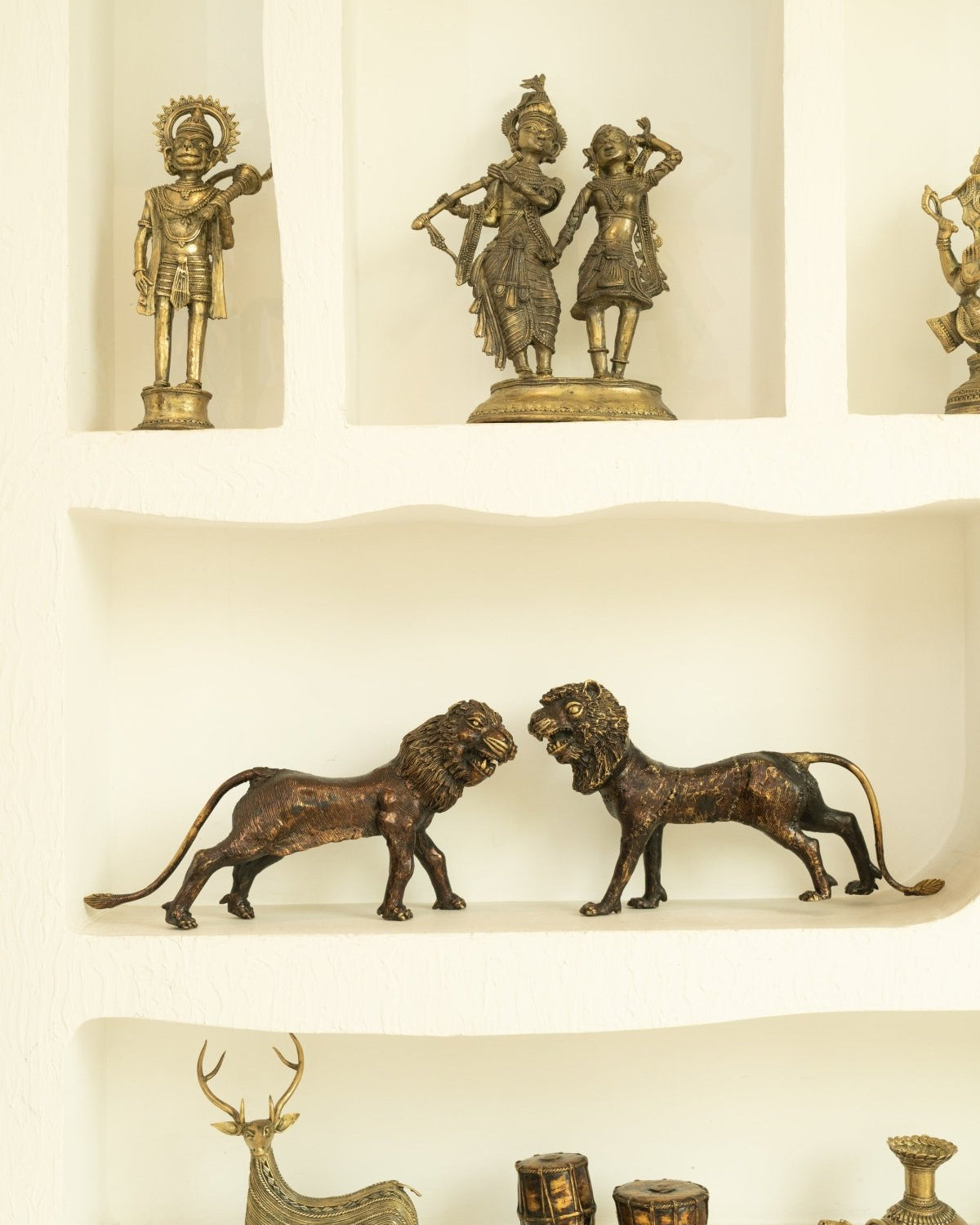 Dhokra Lion Pair Brass Statue - Marble Lotus - Dhokra Lion Pair Brass Statue