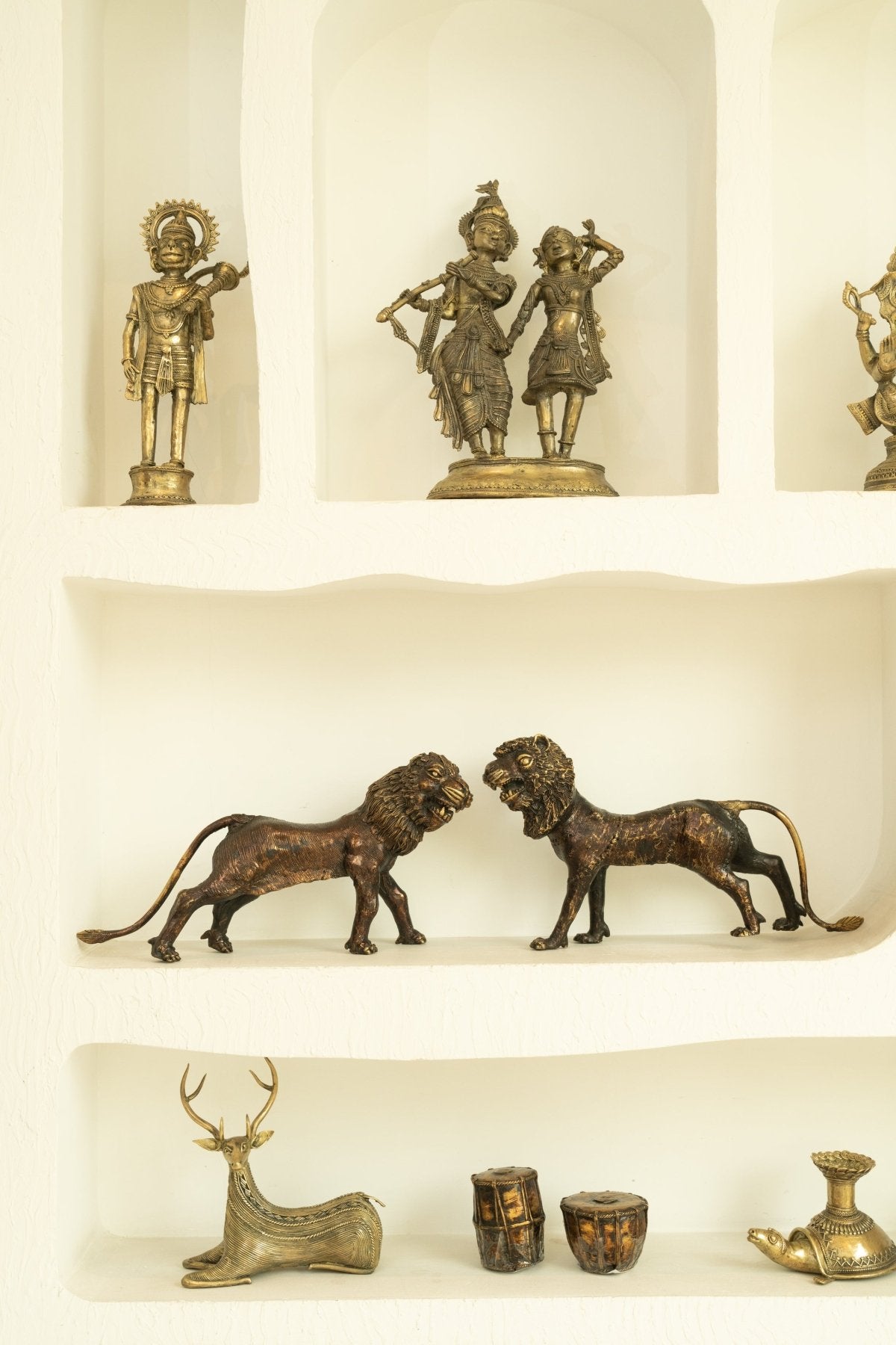 Dhokra Lion Pair Brass Statue - Marble Lotus - Dhokra Lion Pair Brass Statue