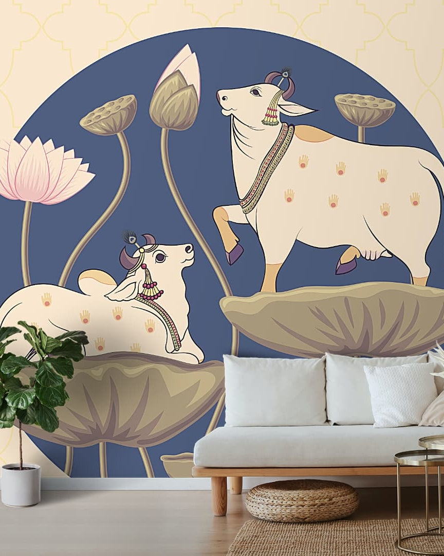 Divine Pichwai Beauty, Wallpaper for Wall, Customised - Marble Lotus - Divine Pichwai Beauty, Wallpaper for Wall, Customised