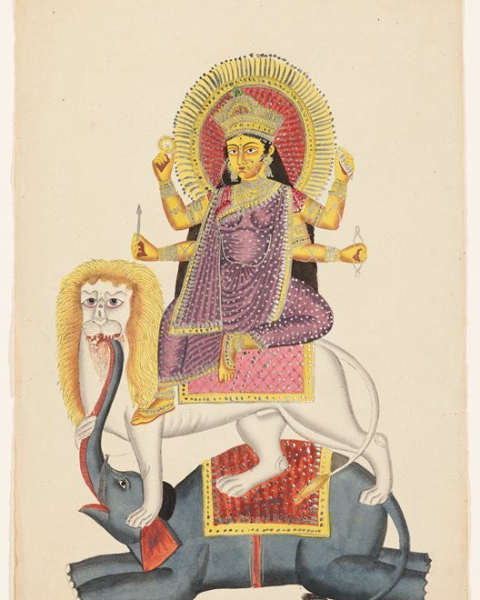 Durga Seated on Lion and Elephant Print - Marble Lotus - Durga Seated on Lion Brass Statue