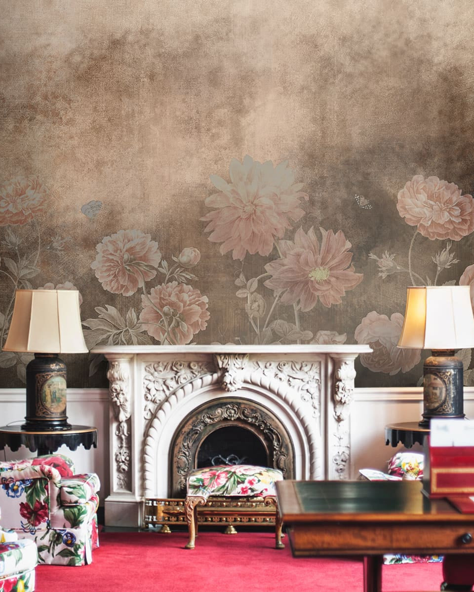 Dusky Charm, Rustic Floral Theme Wallpaper, Customised - Marble Lotus - Dusky Charm, Rustic Floral Theme Wallpaper, Customised