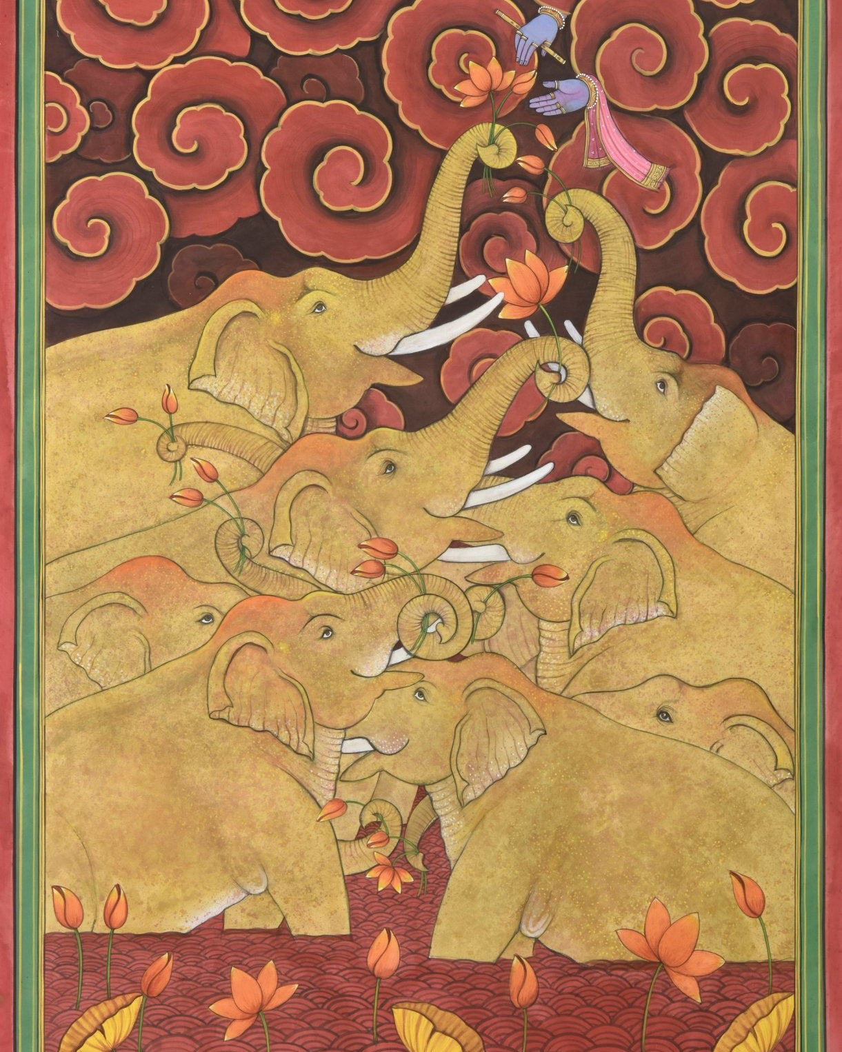 Elephant Family and Lord Krishna Hands - Marble Lotus - Pichwai Painting | Elephant Family and Lord Krishna Hands | Indian Art
