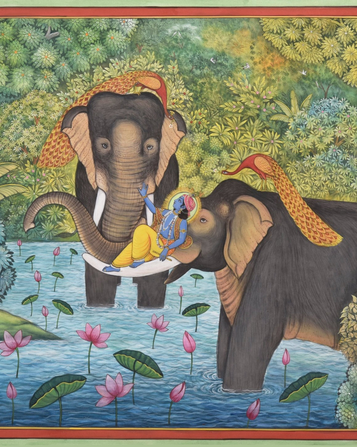 Elephants and Lord Krishna Joyous in Lake - Marble Lotus - Pichwai Painting | Elephants and Lord Krishna Joyous in Lake | Indian Art