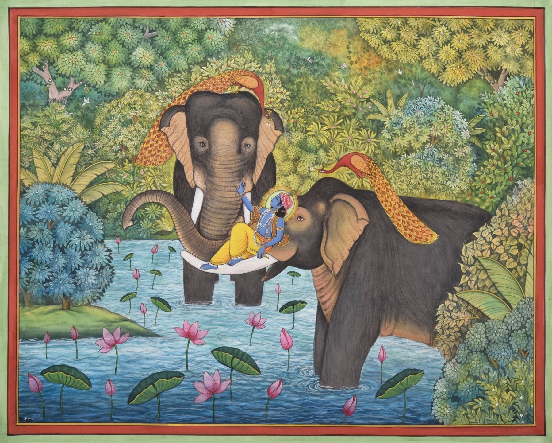 Elephants and Lord Krishna Joyous in Lake - Marble Lotus - Pichwai Painting | Elephants and Lord Krishna Joyous in Lake | Indian Art