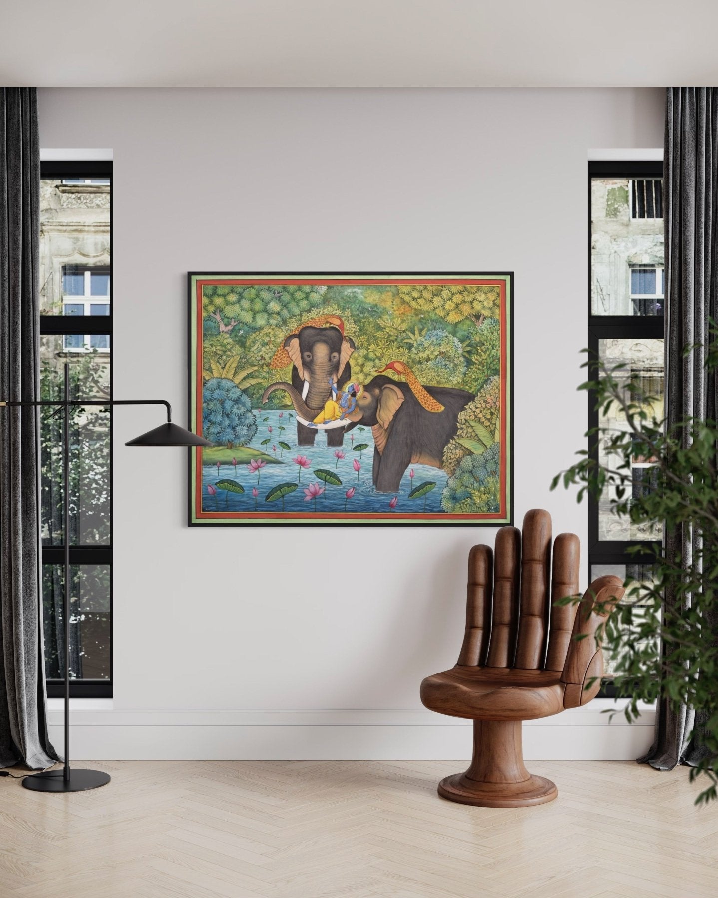 Elephants and Lord Krishna Joyous in Lake - Marble Lotus - Pichwai Painting | Elephants and Lord Krishna Joyous in Lake | Modern Home