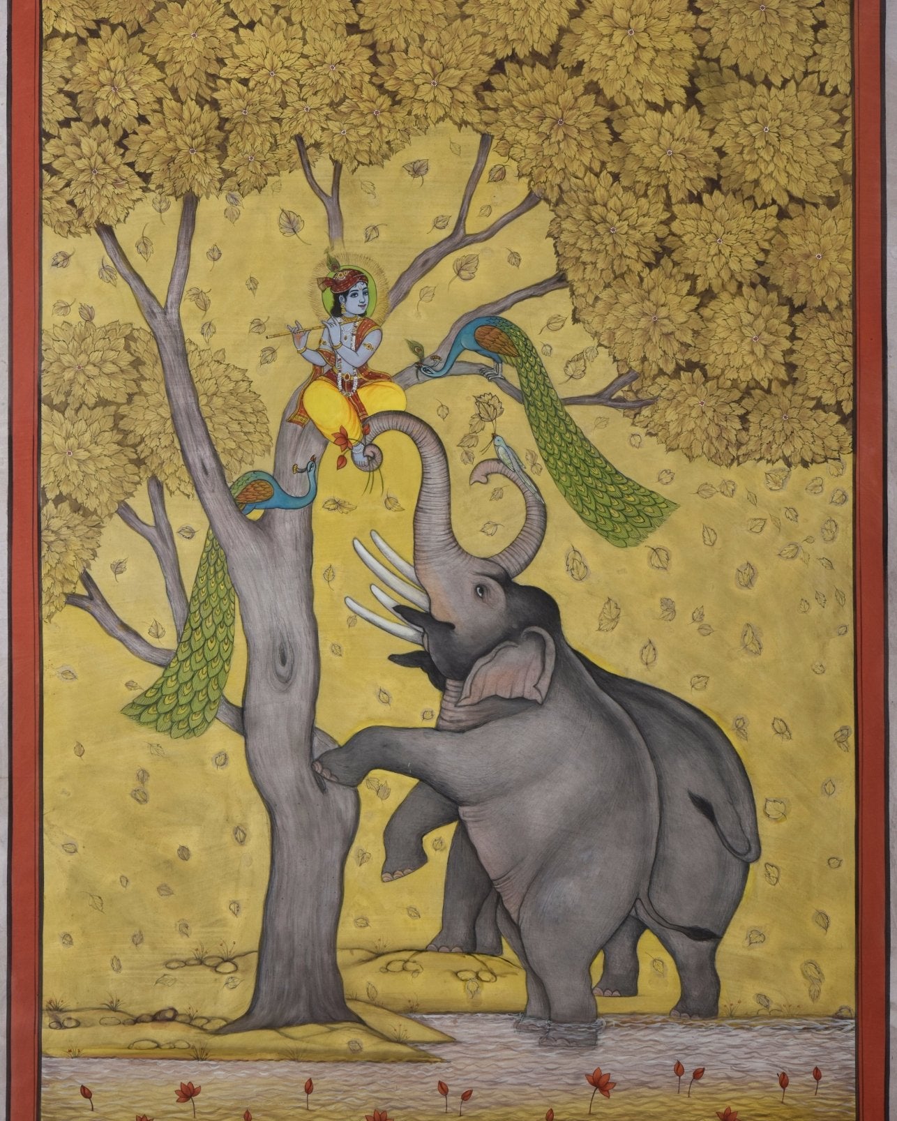 Elephants and Lord Krishna Playing in Tree - Marble Lotus - Pichwai Painting | Elephants and Lord Krishna Playing in Tree | Indian Art