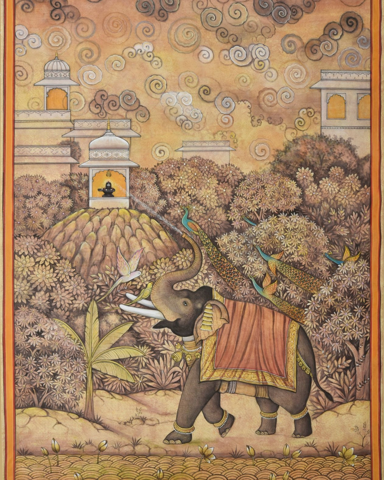 Elephants, Peacocks and Shiva Lingam - Marble Lotus - Pichwai Painting | Elephants, Peacocks and Shiva Lingam | Indian Art