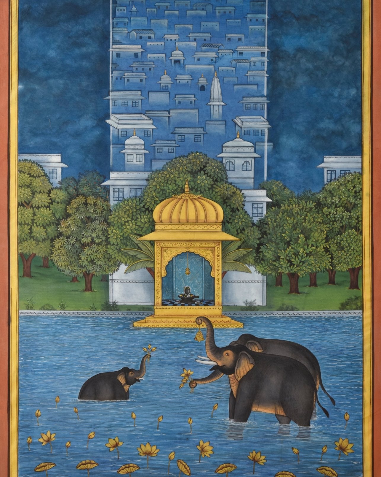 Elephants Playing in Lake - Marble Lotus - Pichwai Painting | Elephants Playing in Lake | Indian Art