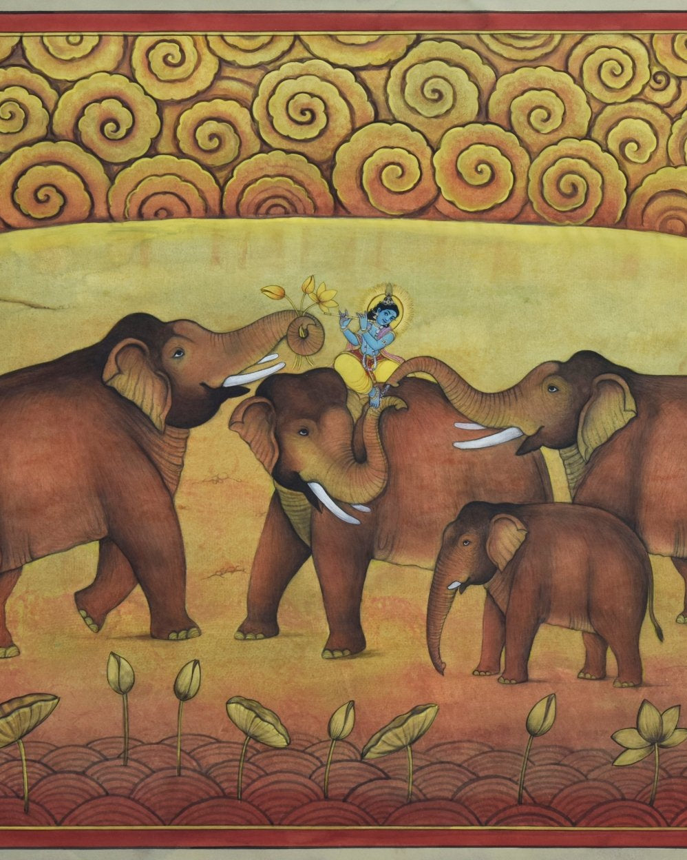 Elephants Playing with Lord Krishna - Marble Lotus - Pichwai Painting | Elephants Playing with Lord Krishna | Indian Art