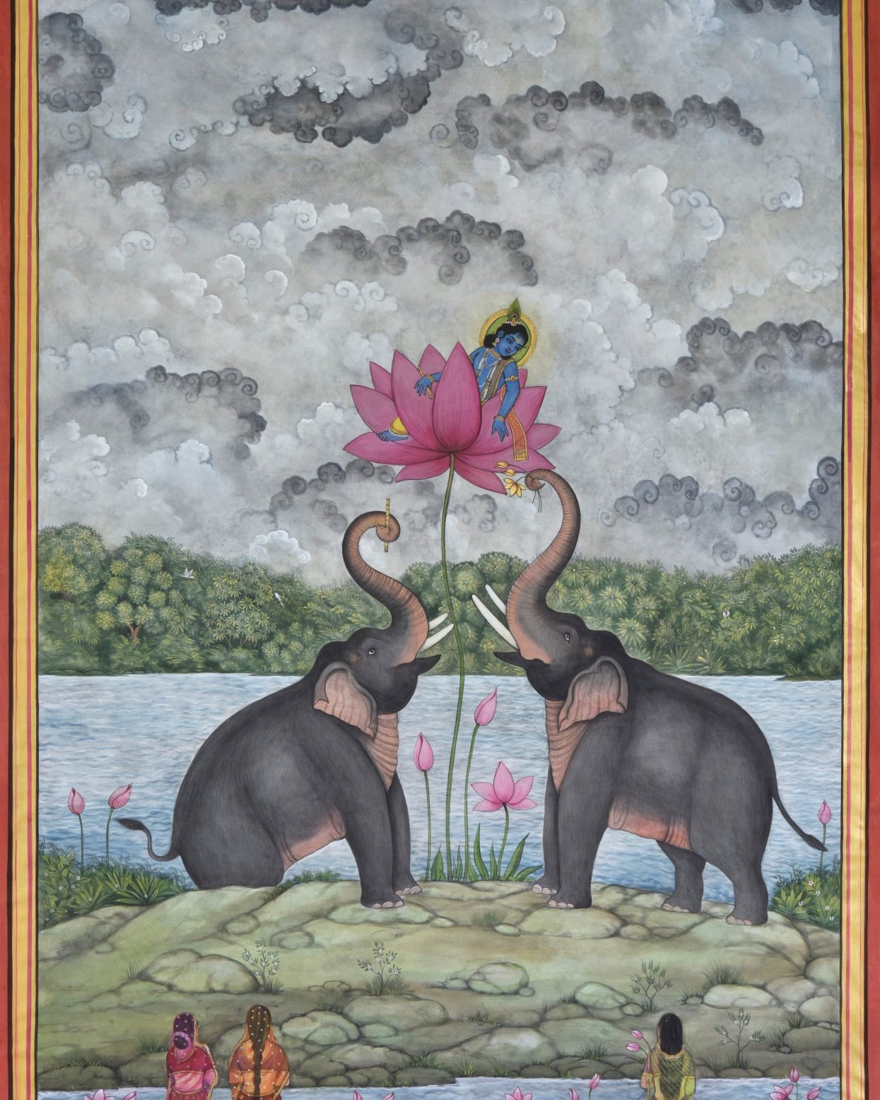 Elephants with Lord Krishna in Lotus - Marble Lotus - Pichwai Painting | Elephants with Lord Krishna in Lotus | Indian Art