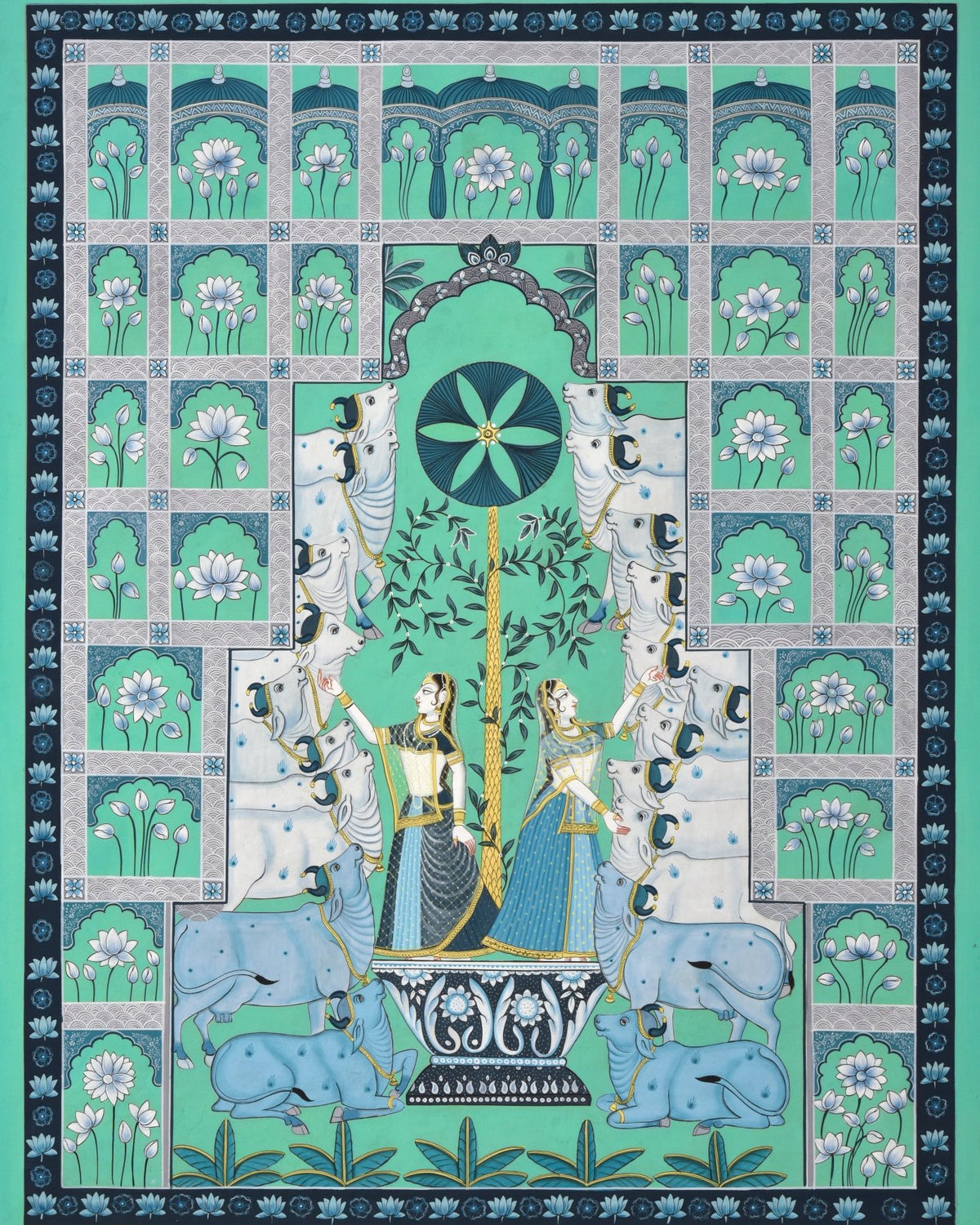 Emerald Courtyard - Marble Lotus - Emerald Courtyard - Marble Lotus - Teal Pichwai Painting with Lord Krishna and Elephants | Emerald Courtyard | Indian Art