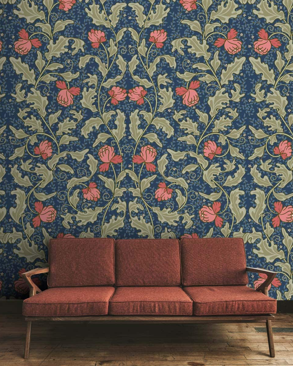 Floral Pattern with Blue Background Themed Wallpaper for Walls - Marble Lotus - Floral Pattern with Blue Background Themed Wallpaper for Walls