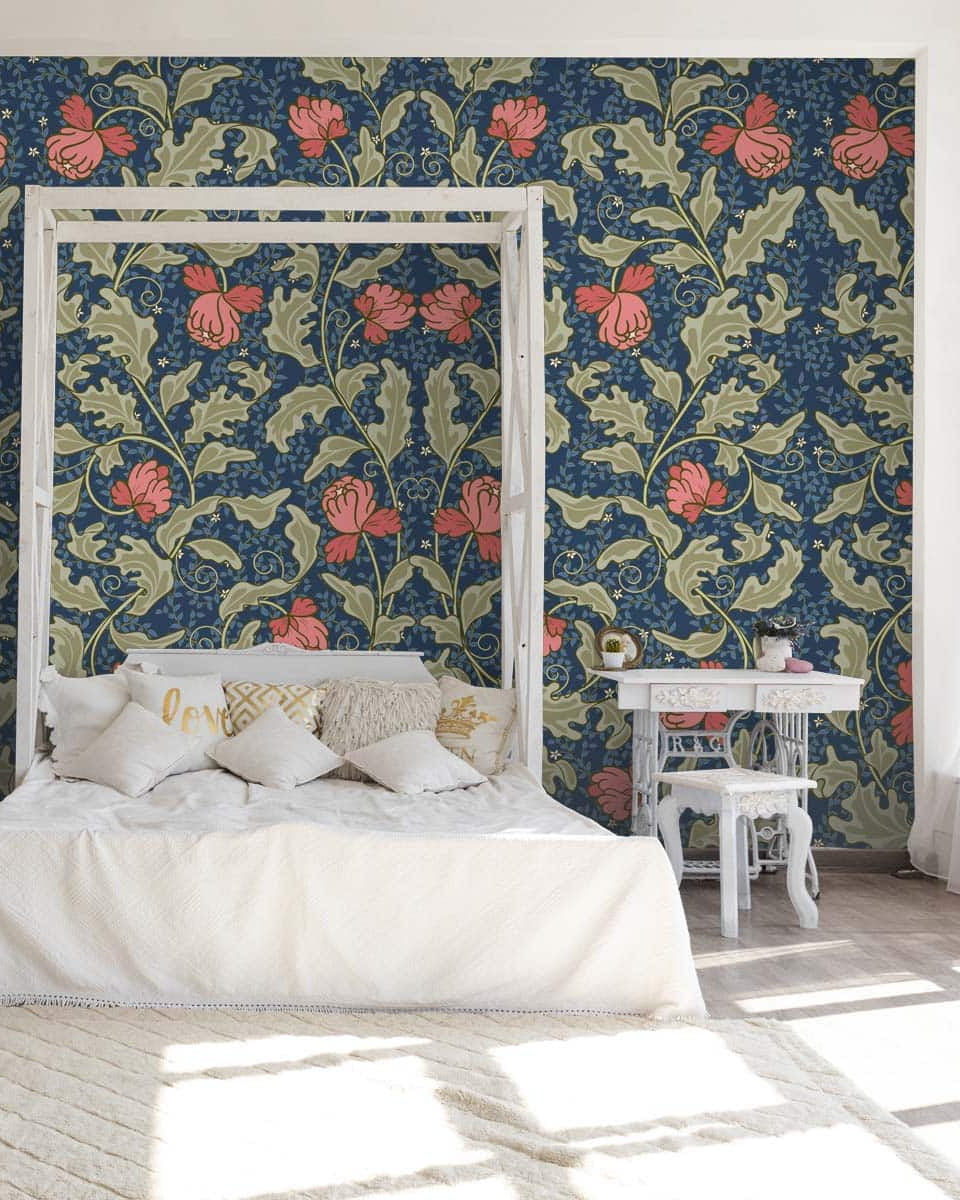 Floral Pattern with Blue Background Themed Wallpaper for Walls - Marble Lotus - Floral Pattern with Blue Background Themed Wallpaper for Walls