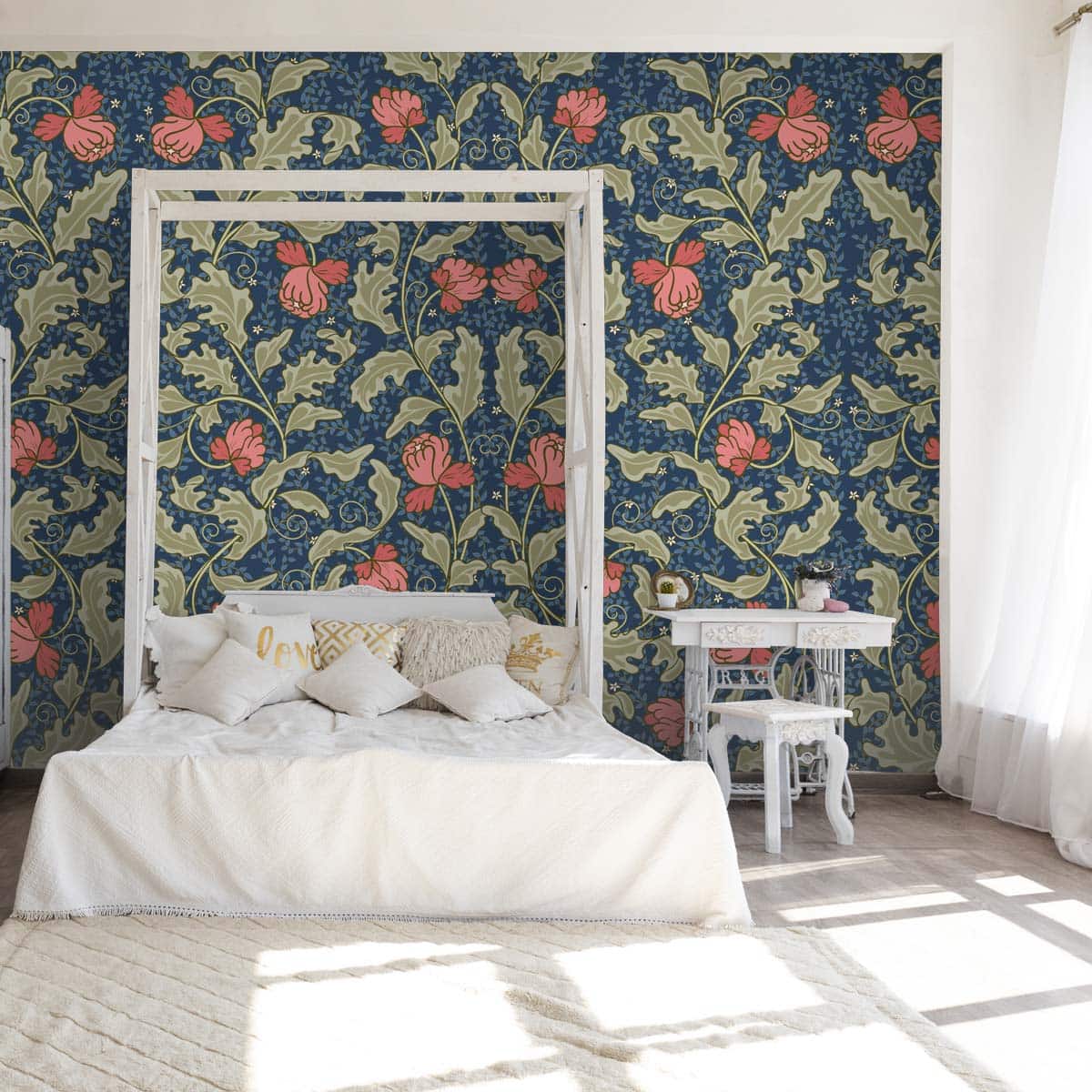 Floral Pattern with Blue Background Themed Wallpaper for Walls - Marble Lotus - Floral Pattern with Blue Background Themed Wallpaper for Walls