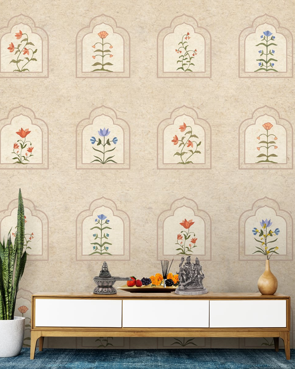 Floral Radiance Framed Jharokha Wallpaper for Rooms, Customised - Marble Lotus - Floral Radiance Framed Jharokha Wallpaper for Rooms, Customised