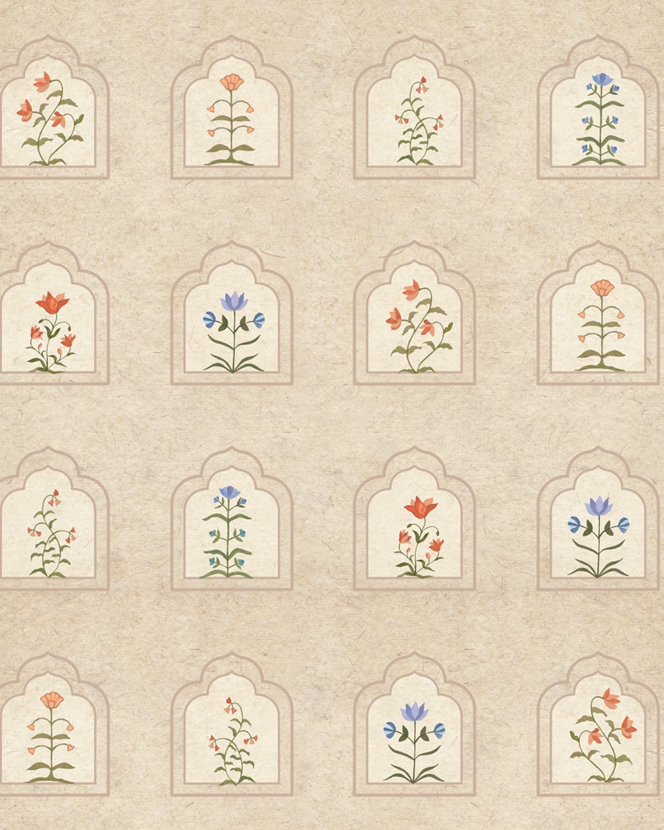 Floral Radiance Framed Jharokha Wallpaper for Rooms, Customised - Marble Lotus - Shop Floral Radiance Framed Jharokha Wallpaper for Rooms, Customised