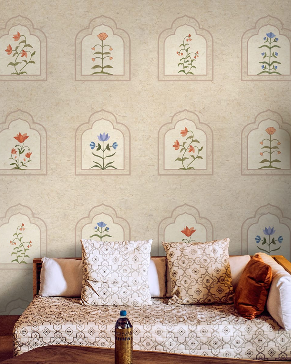 Floral Radiance Framed Jharokha Wallpaper for Rooms, Customised - Marble Lotus - Best Floral Radiance Framed Jharokha Wallpaper for Rooms, Customised