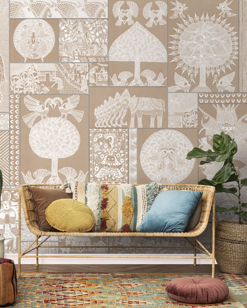 Geet Madhubani Wallpaper Clay Beige Color - Marble Lotus - Geet Madhubani's Artistic Brilliance, Clay Beige Wallpaper