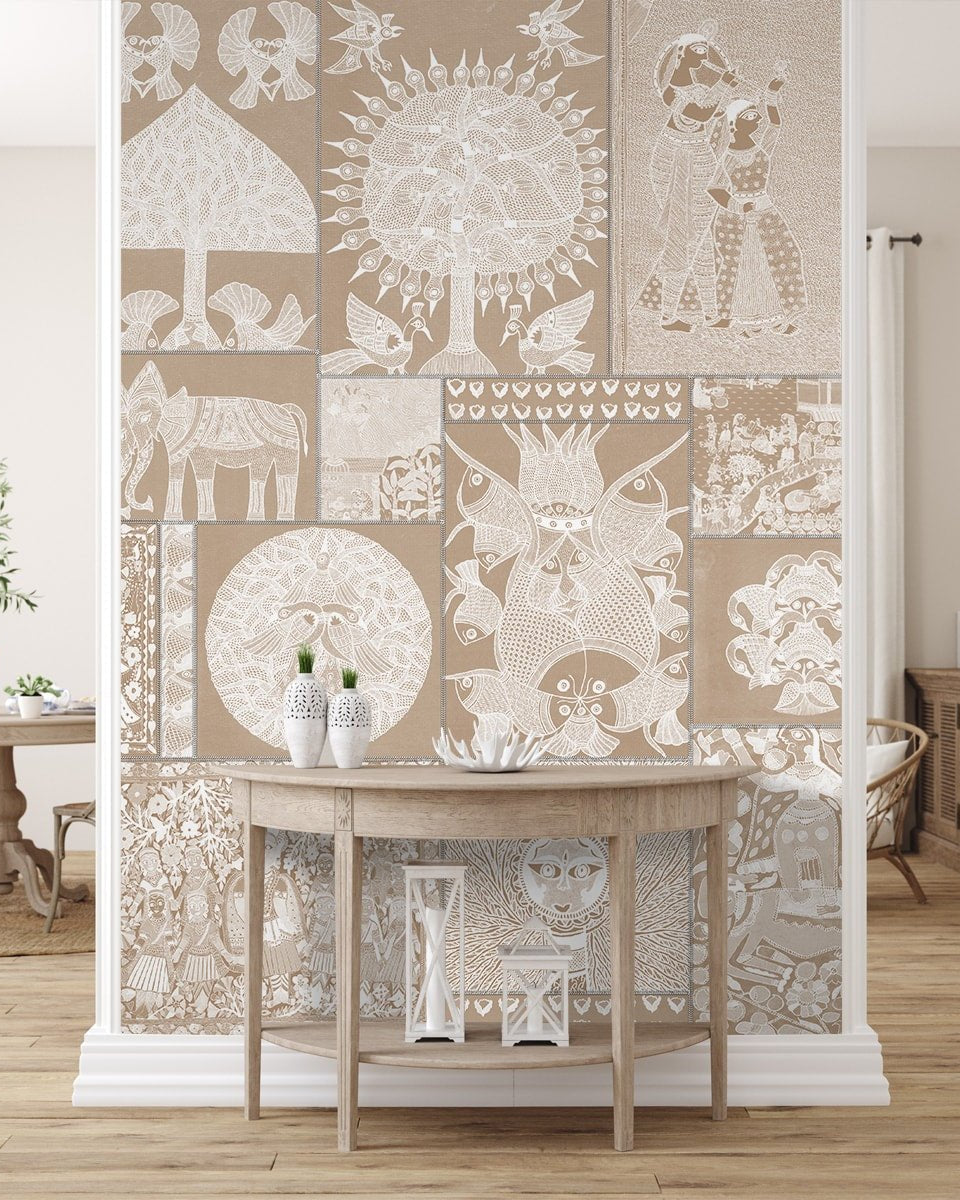 Geet Madhubani Wallpaper Clay Beige Color - Marble Lotus - Madhubani Wallpaper for bedroom