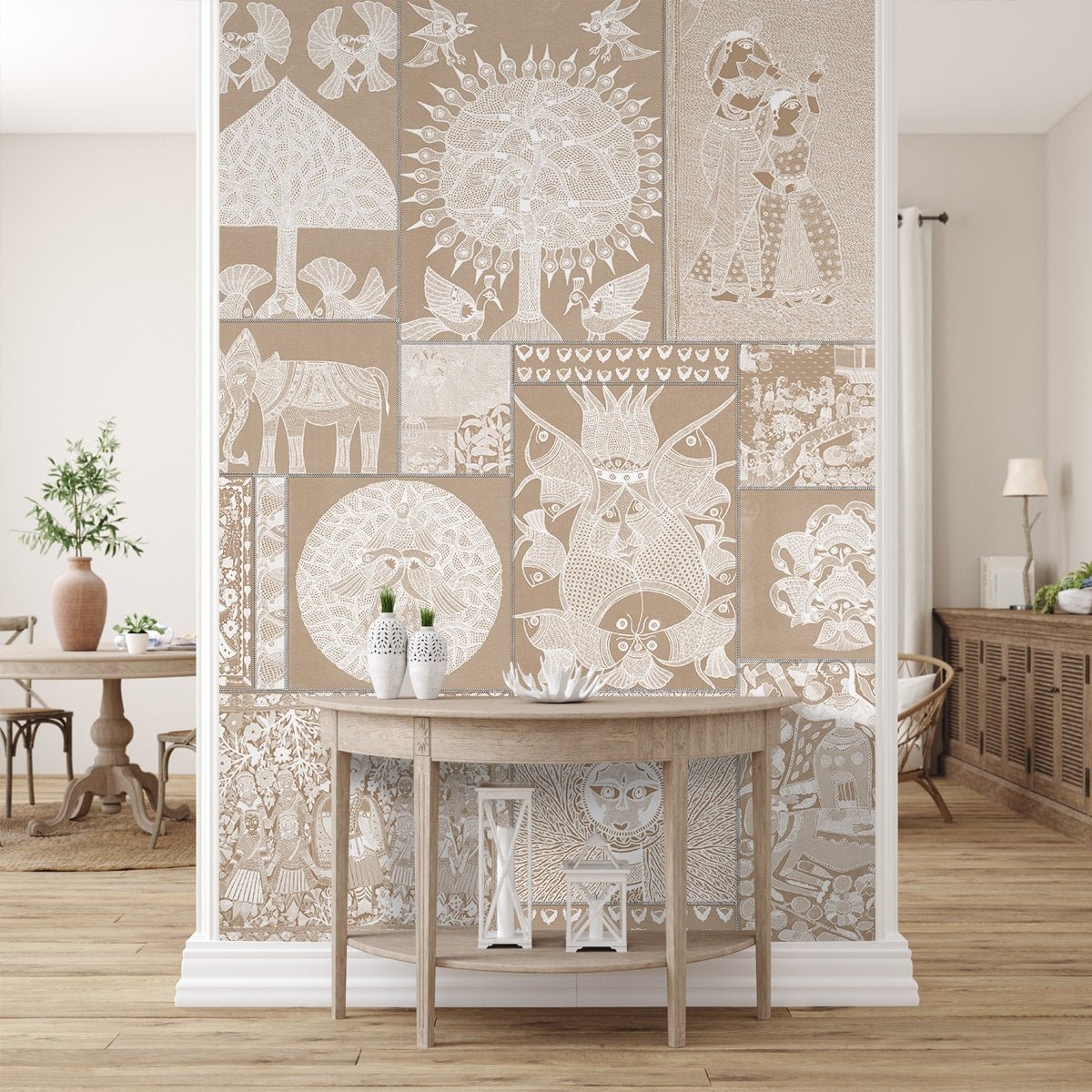 Geet Madhubani Wallpaper Clay Beige Color - Marble Lotus - Madhubani Wallpaper for bedroom