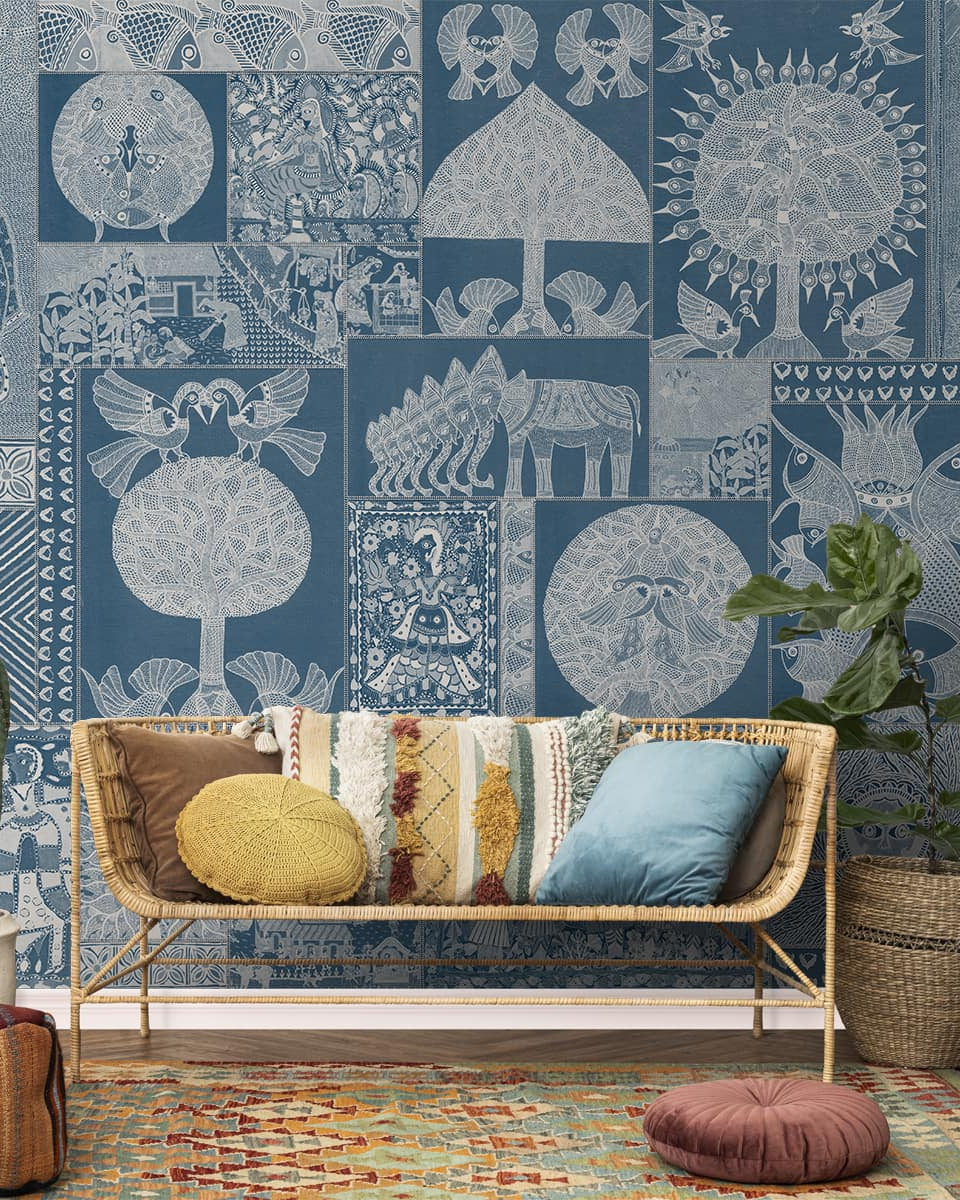 Geet Madhubani Wallpaper Dusky Blue Color - Marble Lotus - Geet: Madhubani's Artistic Brilliance, Dusky Blue