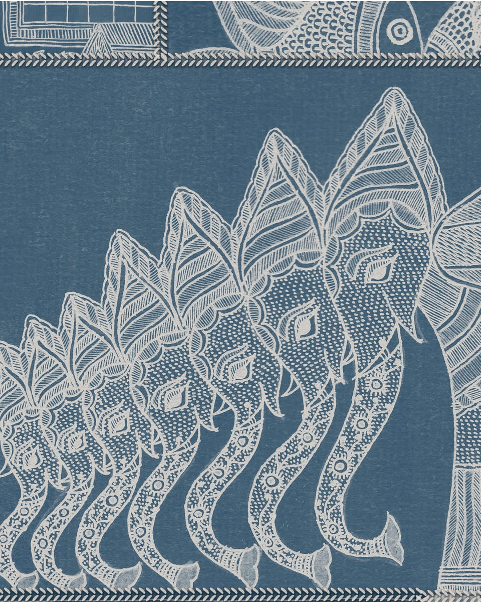 Geet Madhubani Wallpaper Dusky Blue Color - Marble Lotus - Geet: Madhubani's Artistic Brilliance, Dusky Blue