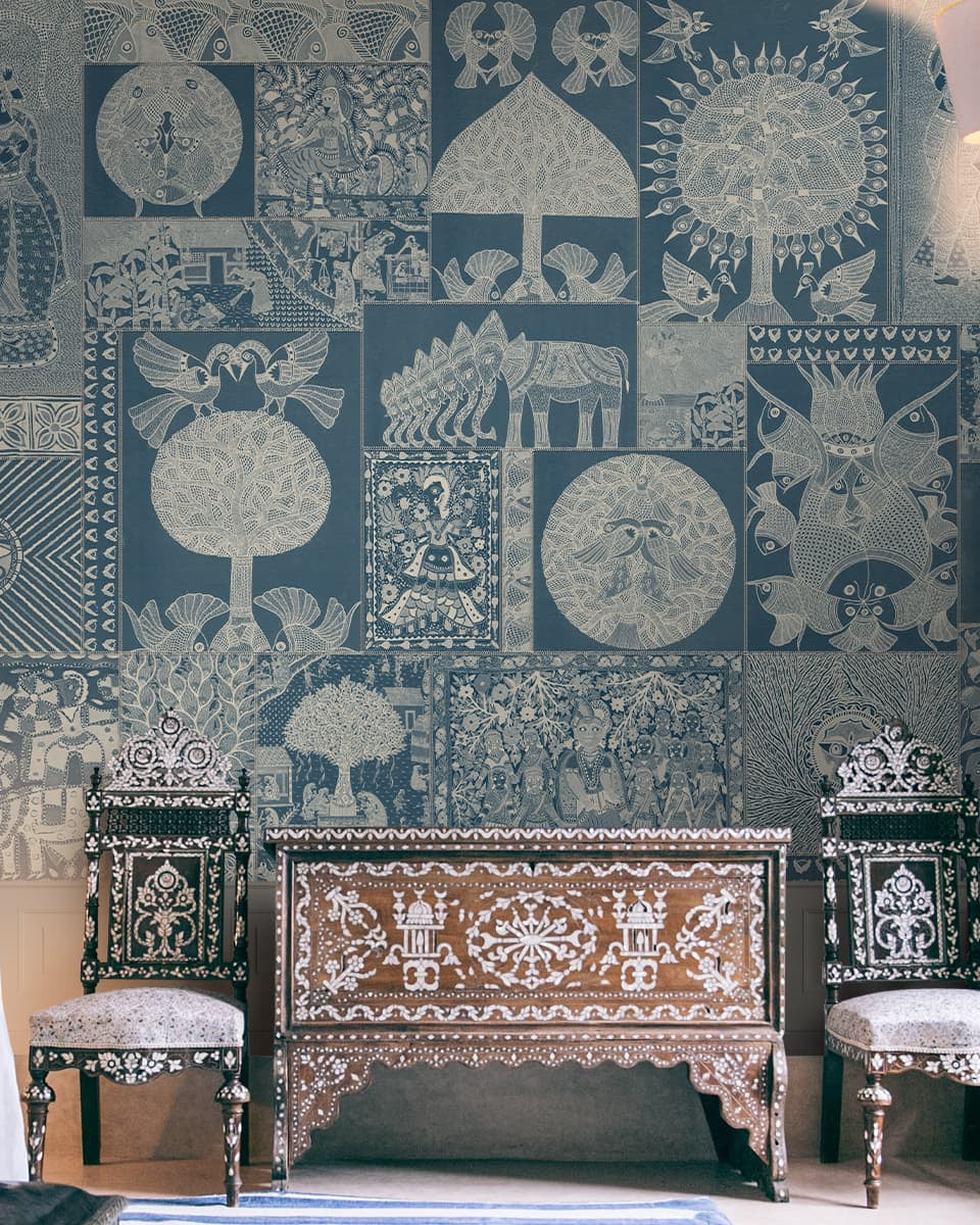 Geet Madhubani Wallpaper Dusky Blue Color - Marble Lotus - Geet: Madhubani's Artistic Brilliance, Dusky Blue