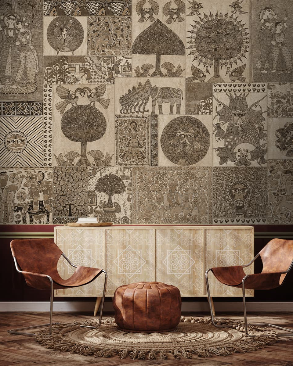 Geet Madhubani Wallpaper In Antique Gold Feel - Marble Lotus - Geet: Madhubani's Artistic Brilliance, Antique textured