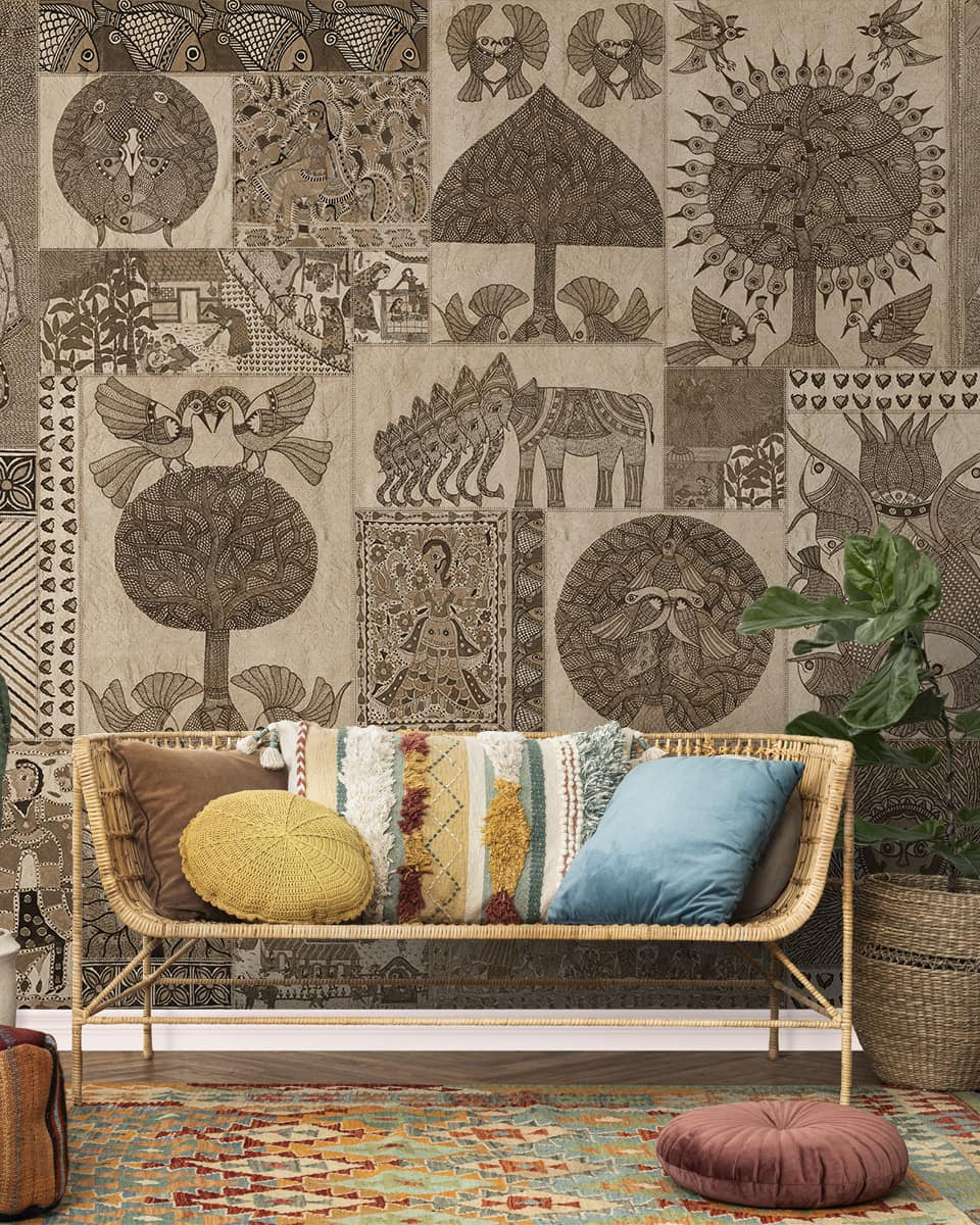 Geet Madhubani Wallpaper In Antique Gold Feel - Marble Lotus - Geet: Madhubani's Artistic Brilliance, Antique textured