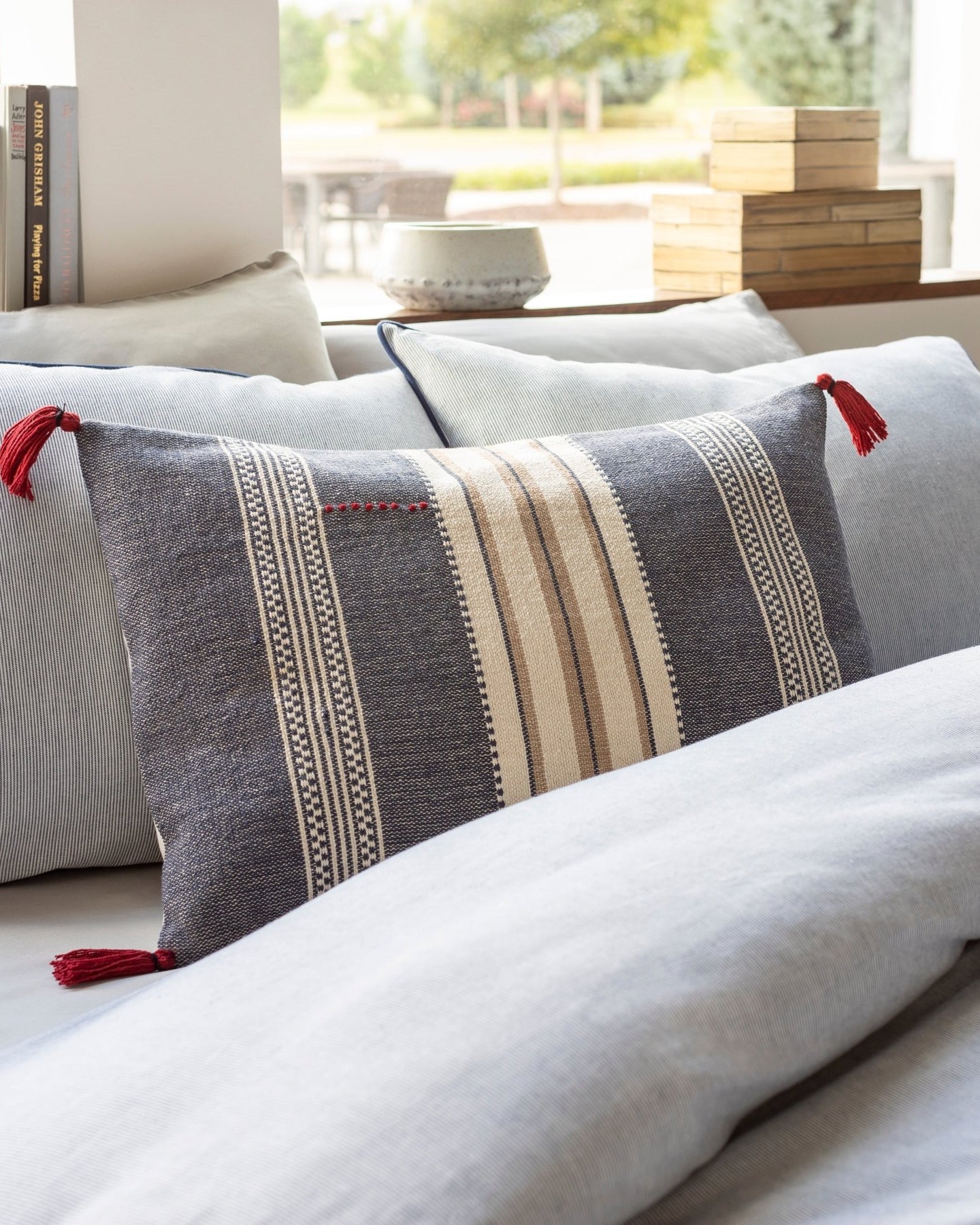 Gray and Cream Handwoven Tassel Pillow - Marble Lotus - Gray and Cream Handwoven Tassel Pillow