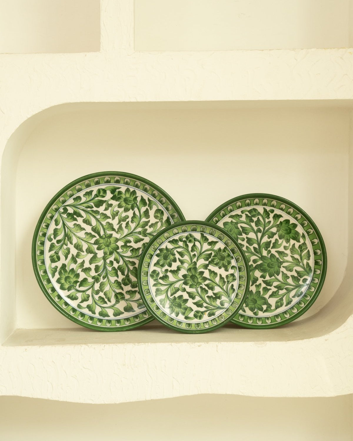 Green Floral Jaipur Pottery Wall Plate 12" - Marble Lotus - Green Floral Jaipur Pottery Wall Plate 12" - Marble Lotus