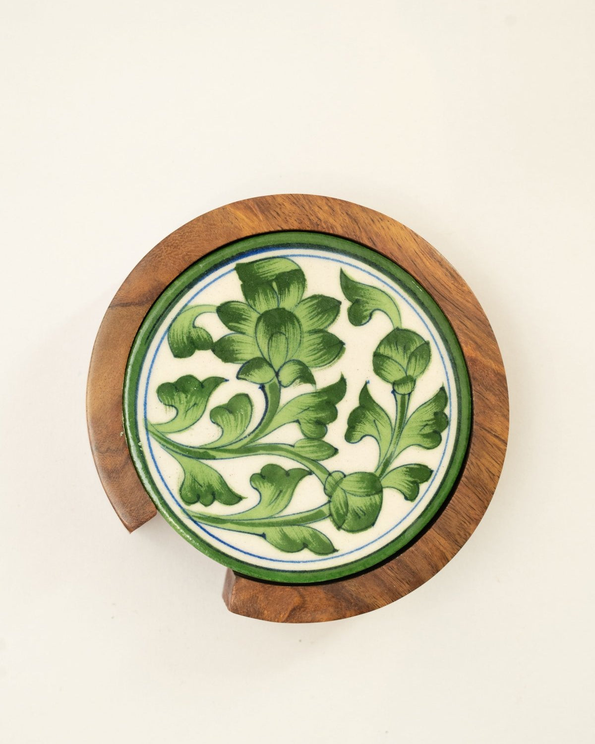 Green Jaipur Pottery Coasters - Set of 4 in Wooden Case - Marble Lotus - Green Jaipur Pottery Coasters - Set of 4 in Wooden Case - Marble Lotus