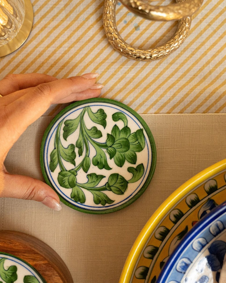 Green Jaipur Pottery Coasters - Set of 4 in Wooden Case - Marble Lotus - Green Jaipur Pottery Coasters - Set of 4 in Wooden Case - Marble Lotus