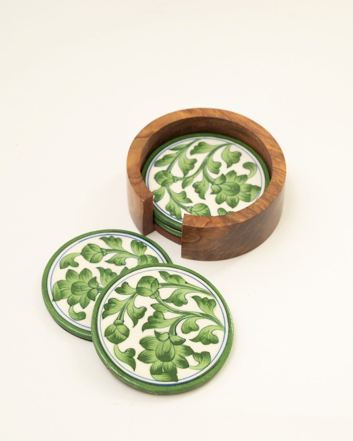 Green Jaipur Pottery Coasters - Set of 4 in Wooden Case - Marble Lotus - Green Jaipur Pottery Coasters - Set of 4 in Wooden Case - Marble Lotus