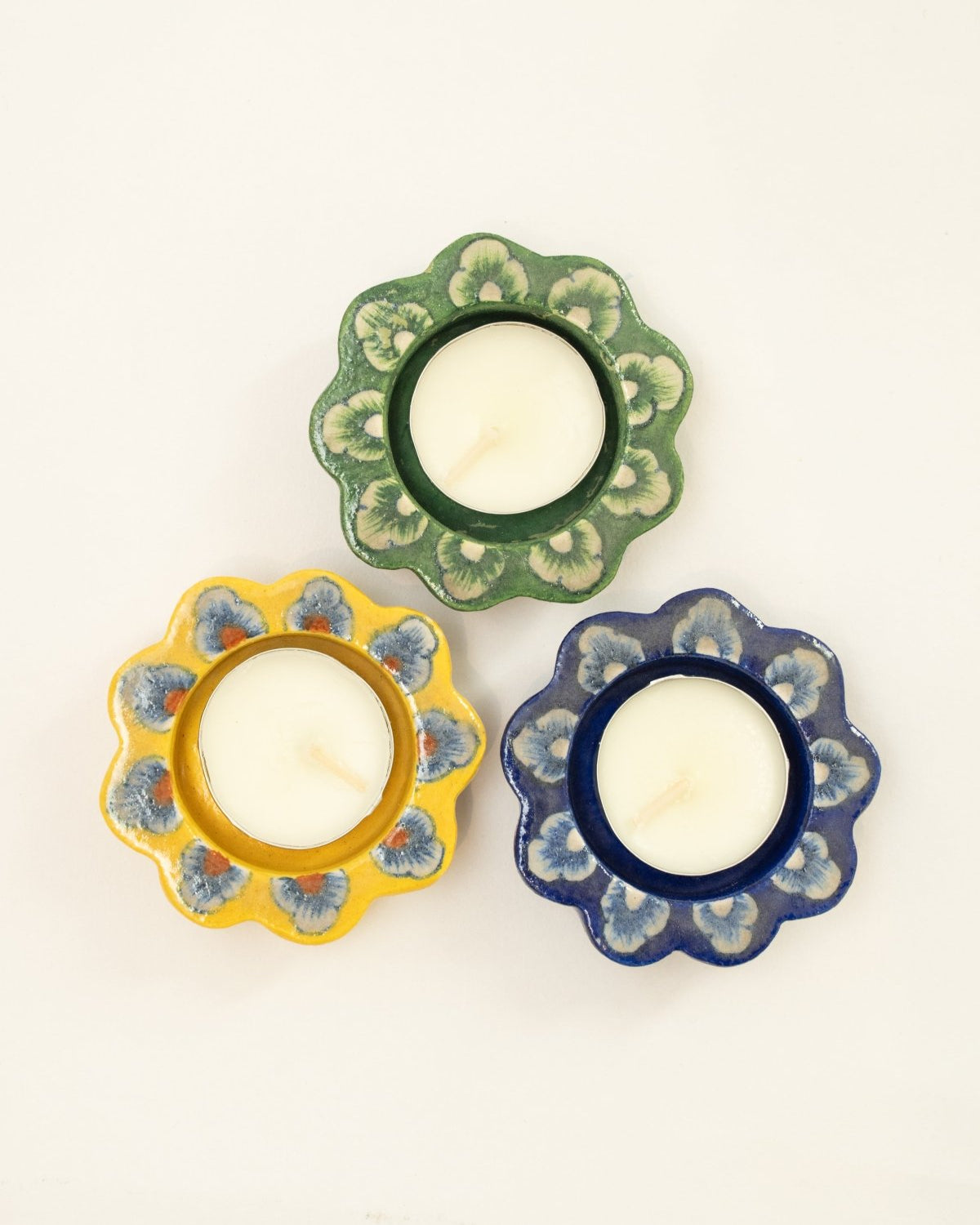 Green Jaipur Pottery Diya (Set of 2) - Marble Lotus - Green Jaipur Pottery Diya (Set of 2) - Marble Lotus