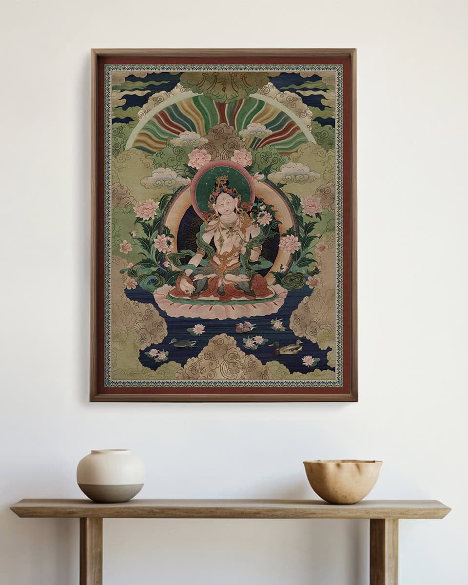 Green Tara Buddhist Indian Frameless Painting Wall Art Digital Print Poster 36 x 48 inches - Marble Lotus - Green Tara Buddhist Indian Painting Wall Art Digital Print Poster 36 x 48 inches