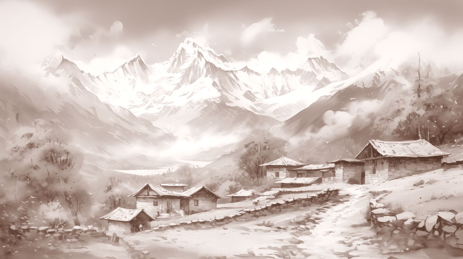 Himalayan Range, Nepal | Watercolor Fine Art Giclée Print - Marble Lotus - Himalayan Range Artwork