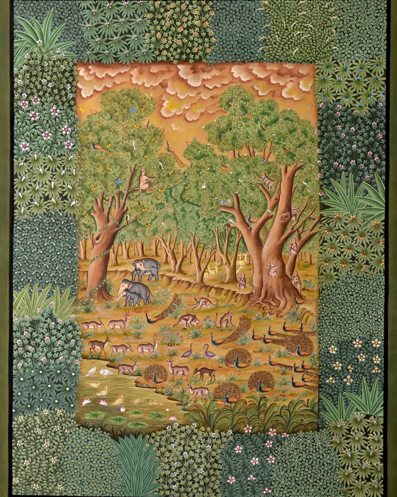 Indian Jungle Pichwai - Marble Lotus - Pichwai Painting | Indian Jungle Pichwai | Indian Art