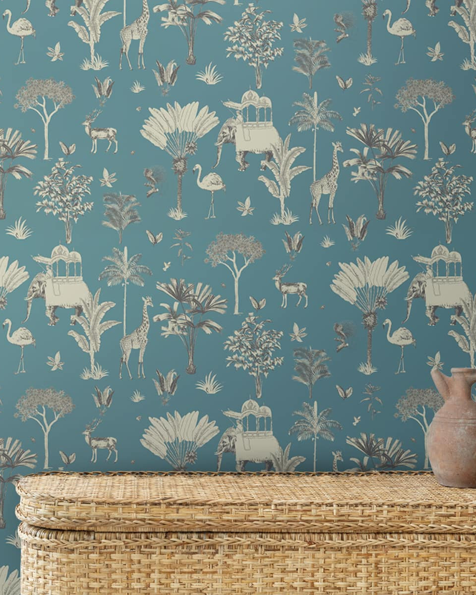 Itihaas, Indian Theme Room Wallpaper, Blue - Marble Lotus - Itihaas, Indian Theme Room Wallpaper, Customised