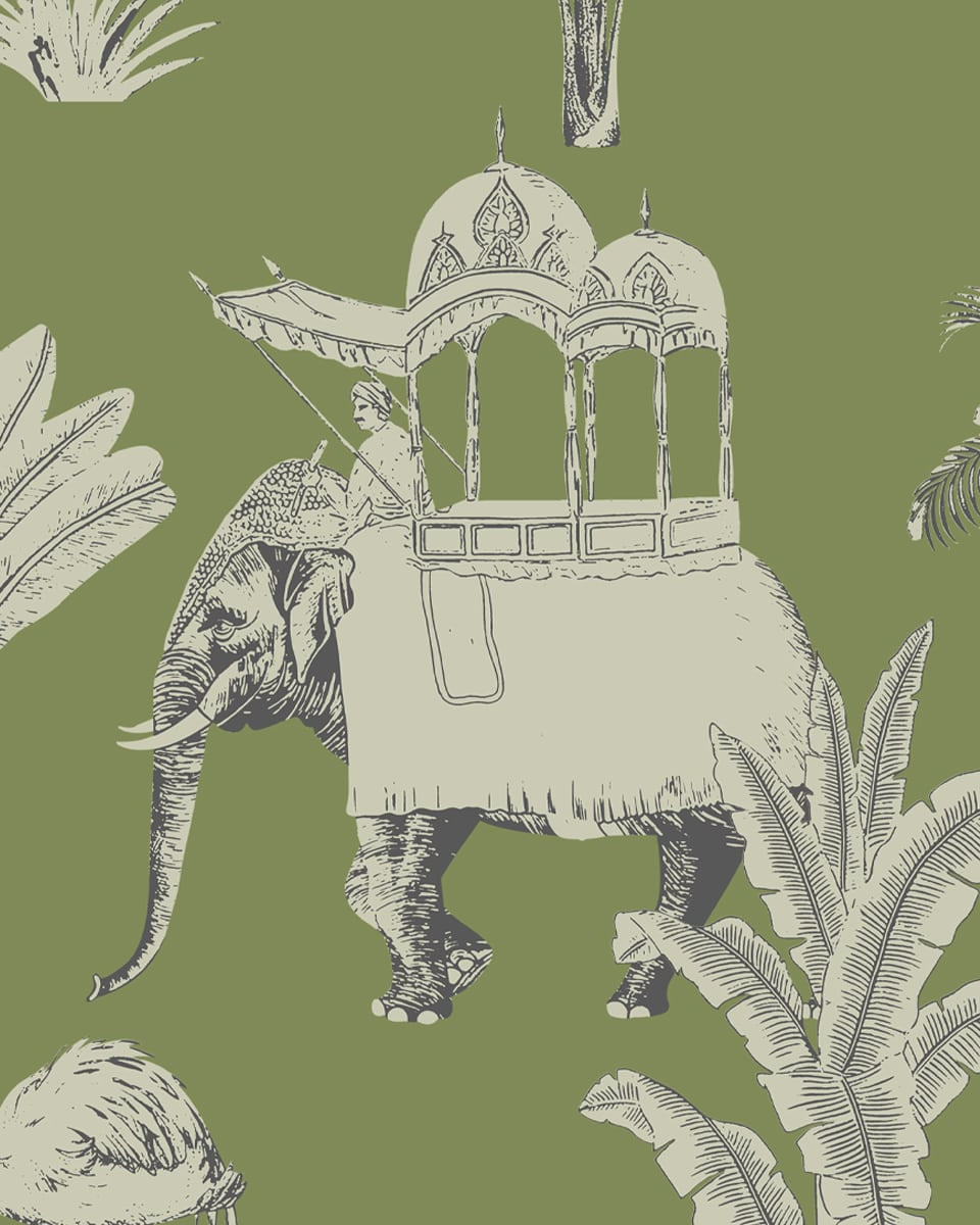 Itihaas, Indian Theme Room Wallpaper, Green - Marble Lotus - Itihaas Indian Theme Room Wallpaper (Green). Shop now | Marble Lotus