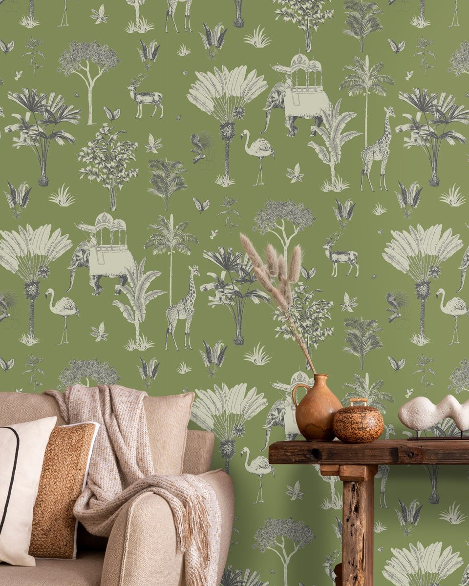 Itihaas, Indian Theme Room Wallpaper, Green - Marble Lotus - Itihaas, Indian Theme Room Wallpaper, Green