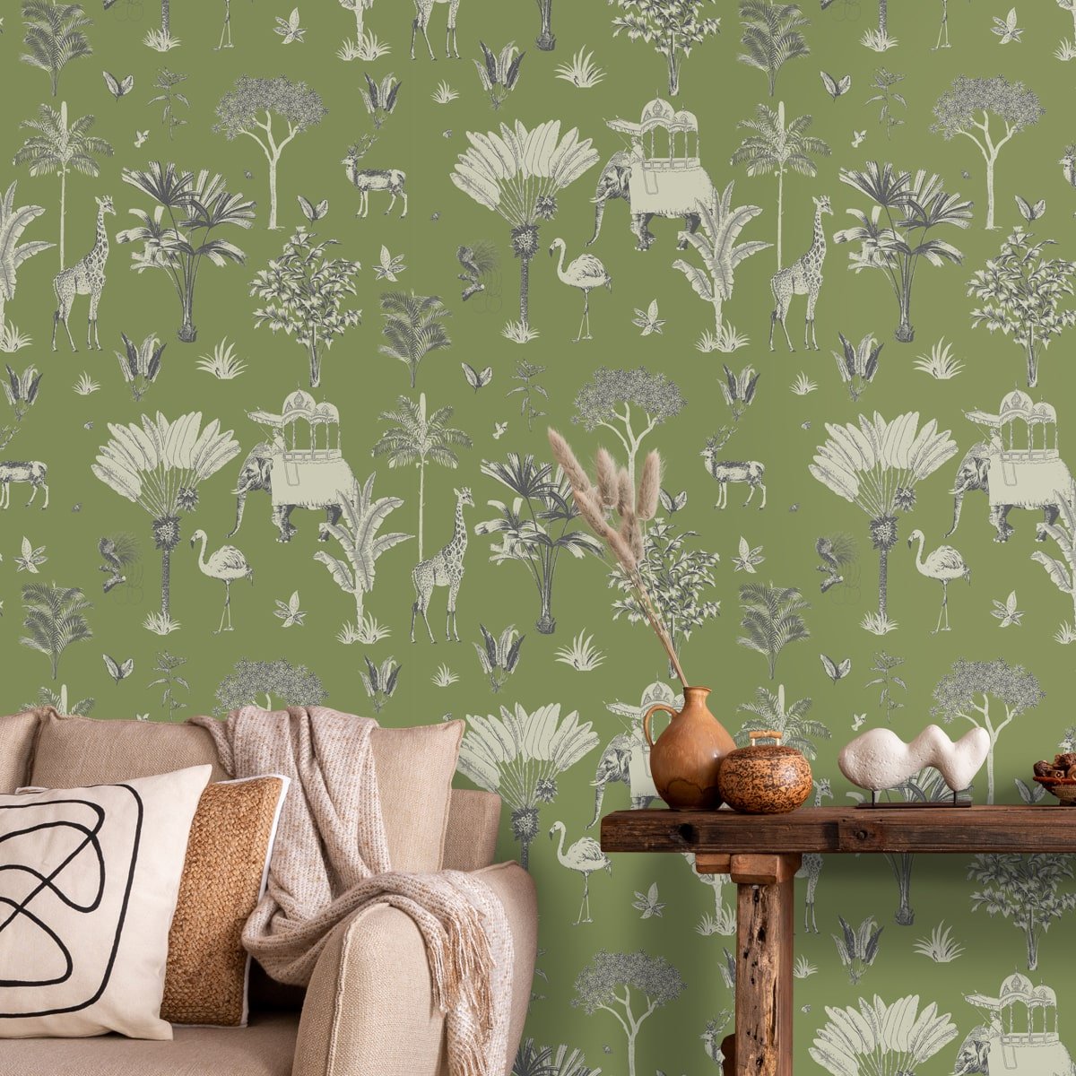 Itihaas, Indian Theme Room Wallpaper, Green - Marble Lotus - Itihaas, Indian Theme Room Wallpaper, Green
