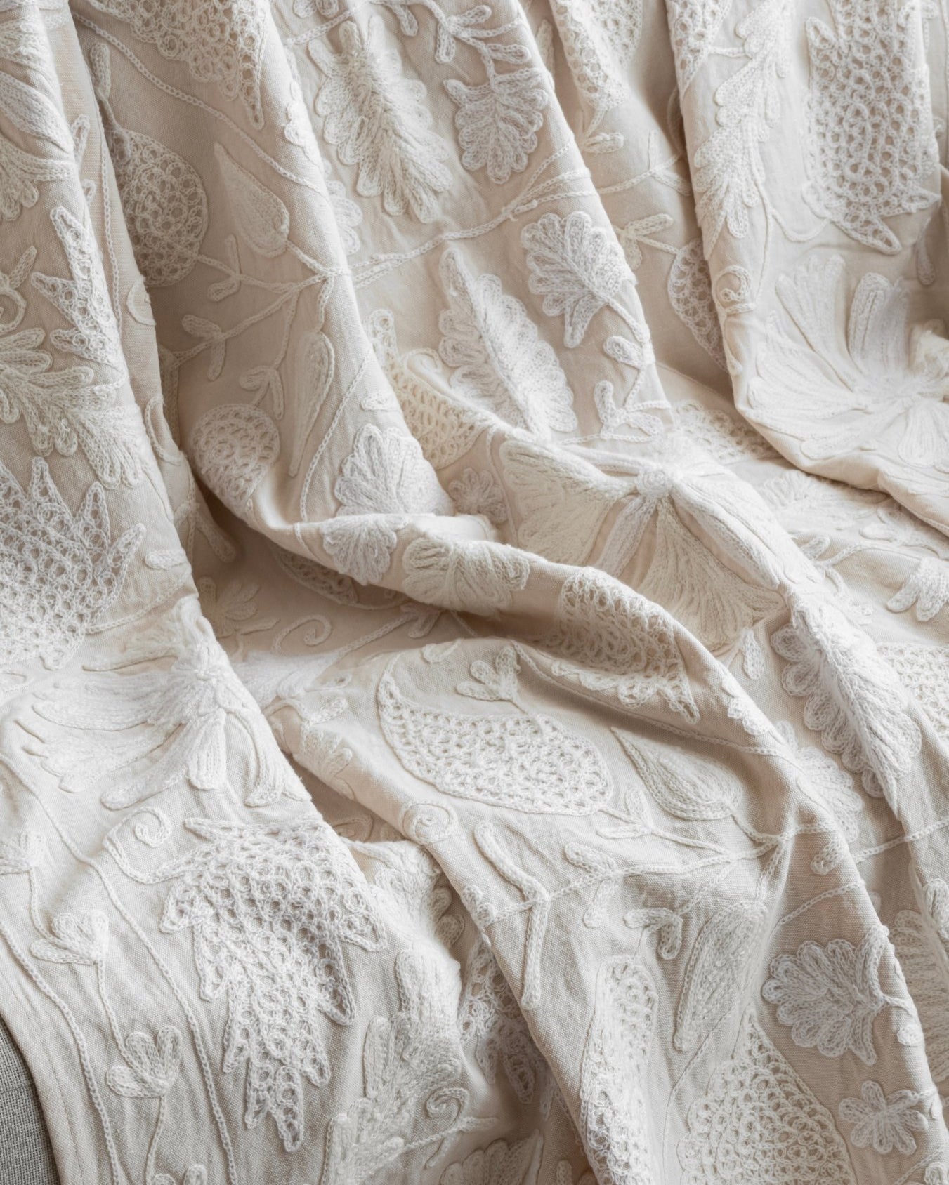 Ivory Suzani Tapestry Throw 60x90" - Marble Lotus - Ivory Suzani Tapestry Throw 60x90"